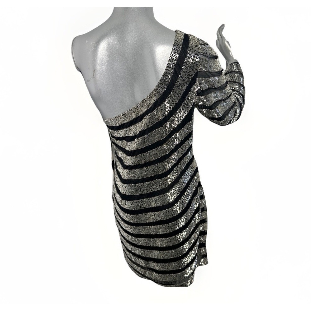 Aleta One-Shoulder Striped Beaded Sequin Mini Dress - Black & Silver 10 - Picture 9 of 13